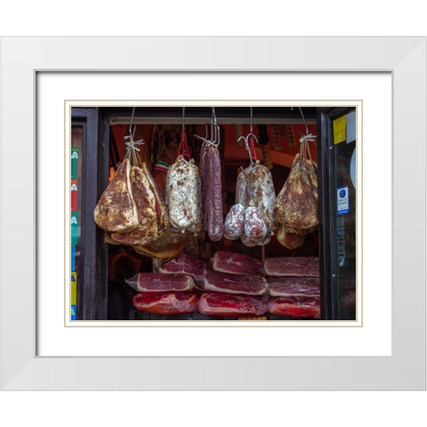 Various salami hanging in a window of an Italian Salami shop, Rome, Italy White Modern Wood Framed Art Print with Double Matting by Frank, Assaf
