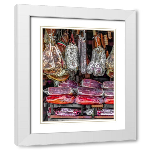 Various salami hanging in a window of an Italian Salami shop, Rome, Italy White Modern Wood Framed Art Print with Double Matting by Frank, Assaf