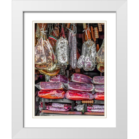 Various salami hanging in a window of an Italian Salami shop, Rome, Italy White Modern Wood Framed Art Print with Double Matting by Frank, Assaf
