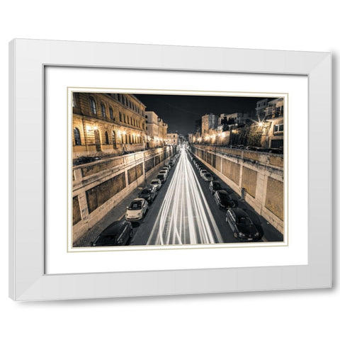Strip Lights on road, Rome, Italy White Modern Wood Framed Art Print with Double Matting by Frank, Assaf
