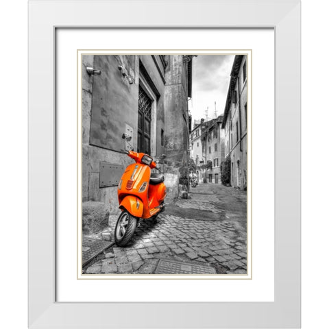 Scooter parked in narrow street of Rome, Italy White Modern Wood Framed Art Print with Double Matting by Frank, Assaf