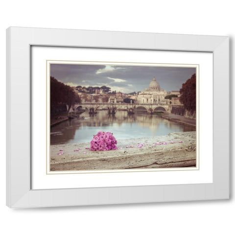 Bunch of roses on bridge with Basilica di San Pietro in Vatican, Rome, Italy White Modern Wood Framed Art Print with Double Matting by Frank, Assaf