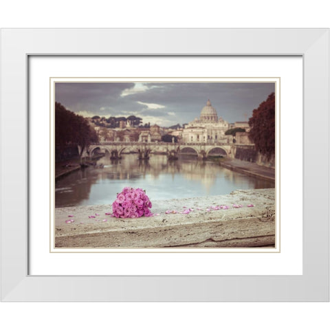 Bunch of roses on bridge with Basilica di San Pietro in Vatican, Rome, Italy White Modern Wood Framed Art Print with Double Matting by Frank, Assaf