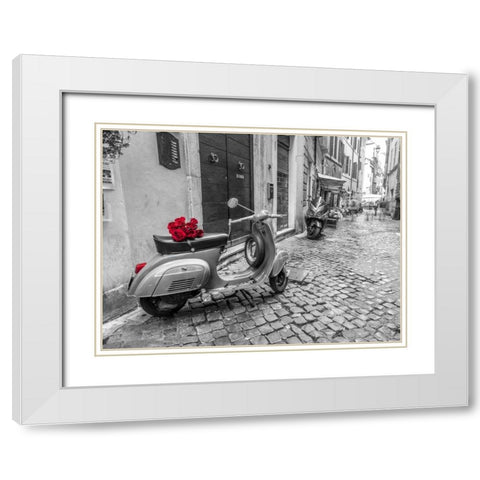 Old scooter with bunch of roses on narrow street of Rome White Modern Wood Framed Art Print with Double Matting by Frank, Assaf