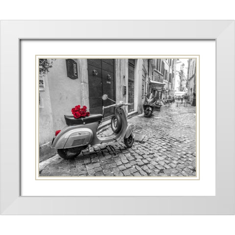 Old scooter with bunch of roses on narrow street of Rome White Modern Wood Framed Art Print with Double Matting by Frank, Assaf