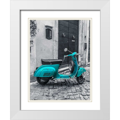 Old scooter on narrow street of Rome White Modern Wood Framed Art Print with Double Matting by Frank, Assaf