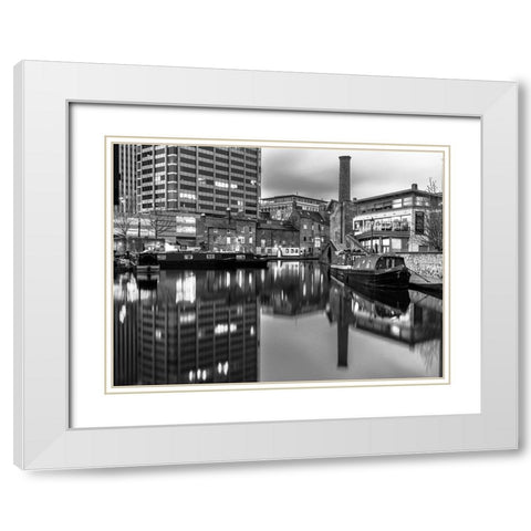 Narrow canal with small boats in Birmingham, UK White Modern Wood Framed Art Print with Double Matting by Frank, Assaf