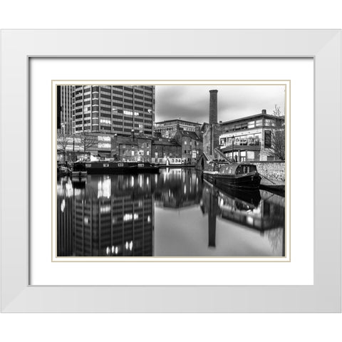 Narrow canal with small boats in Birmingham, UK White Modern Wood Framed Art Print with Double Matting by Frank, Assaf