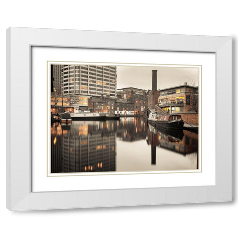 Narrow canal with small boats in Birmingham, UK White Modern Wood Framed Art Print with Double Matting by Frank, Assaf