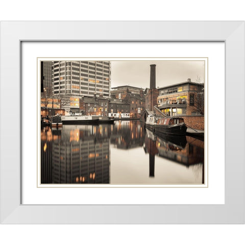 Narrow canal with small boats in Birmingham, UK White Modern Wood Framed Art Print with Double Matting by Frank, Assaf