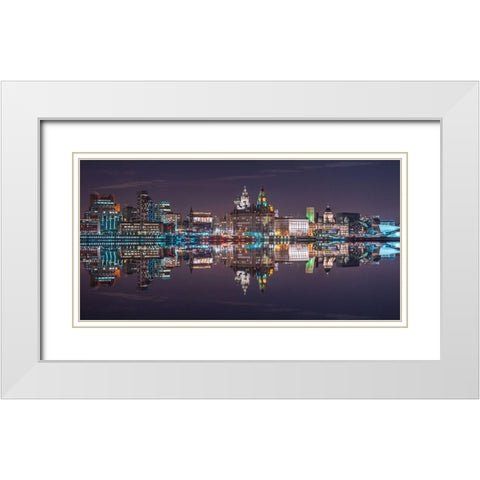 Liverpool city skyline across the River Mersey, UK, FTBR-1872 White Modern Wood Framed Art Print with Double Matting by Frank, Assaf
