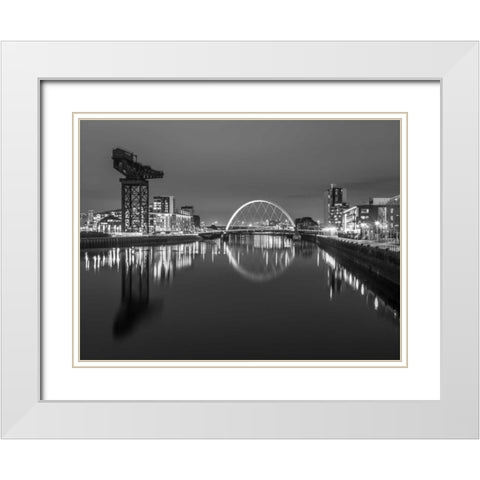 View along the river Clyde at night, Glasgow, FTBR-1806 White Modern Wood Framed Art Print with Double Matting by Frank, Assaf