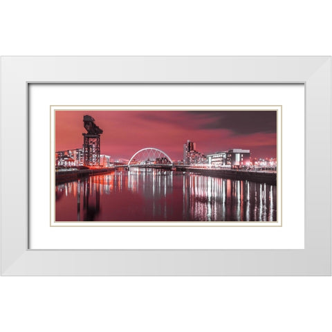 View along the river Clyde at night, Glasgow, FTBR-1902 White Modern Wood Framed Art Print with Double Matting by Frank, Assaf