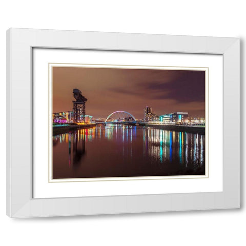 View along the river Clyde at night-Glasgow White Modern Wood Framed Art Print with Double Matting by Frank, Assaf