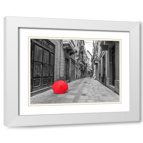 Red umbrella on narrow street of Birgu, malta White Modern Wood Framed Art Print with Double Matting by Frank, Assaf