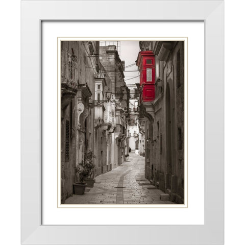 Narrow street through traditional maltese houses in Birgu, Malta White Modern Wood Framed Art Print with Double Matting by Frank, Assaf