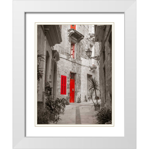Narrow street through traditional maltese houses in Birgu, Malta White Modern Wood Framed Art Print with Double Matting by Frank, Assaf