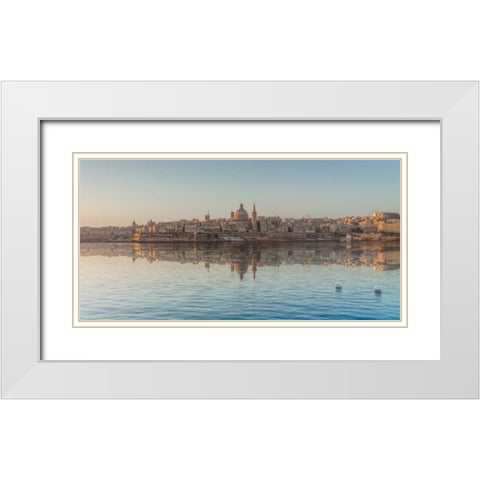 The harbour and St. Pauls Anglican Cathedral at Valletta, Malta White Modern Wood Framed Art Print with Double Matting by Frank, Assaf