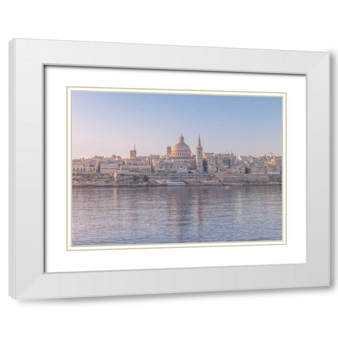 The harbour and St. Pauls Anglican Cathedral at Valletta, Malta White Modern Wood Framed Art Print with Double Matting by Frank, Assaf