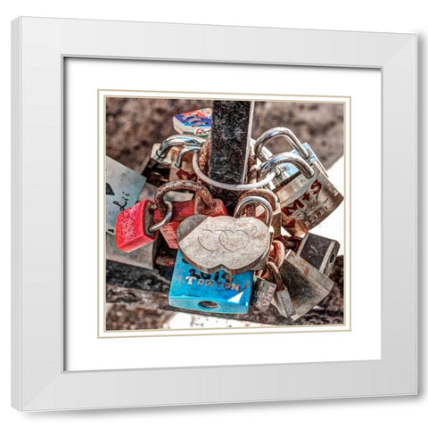 Love padlocks on bridge railing, St Julians, Malta White Modern Wood Framed Art Print with Double Matting by Frank, Assaf