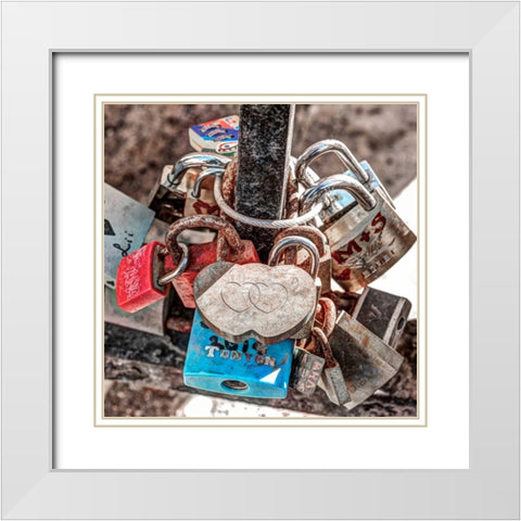 Love padlocks on bridge railing, St Julians, Malta White Modern Wood Framed Art Print with Double Matting by Frank, Assaf
