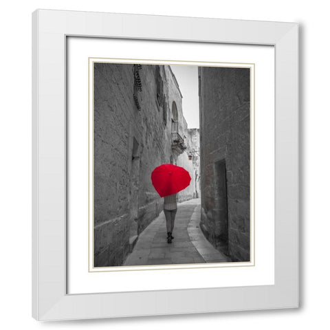 Tourist with heart shaped umbrella walking through narrow street of Mdina, Malta White Modern Wood Framed Art Print with Double Matting by Frank, Assaf