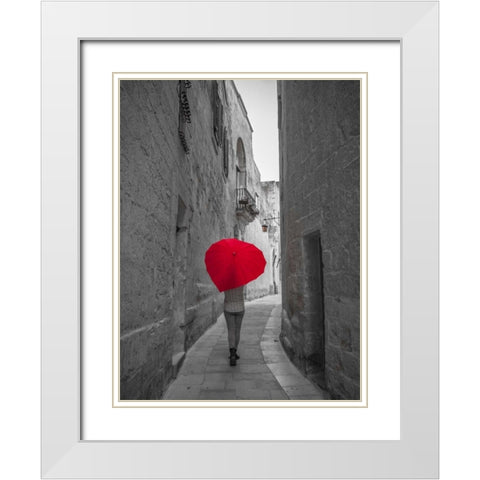 Tourist with heart shaped umbrella walking through narrow street of Mdina, Malta White Modern Wood Framed Art Print with Double Matting by Frank, Assaf