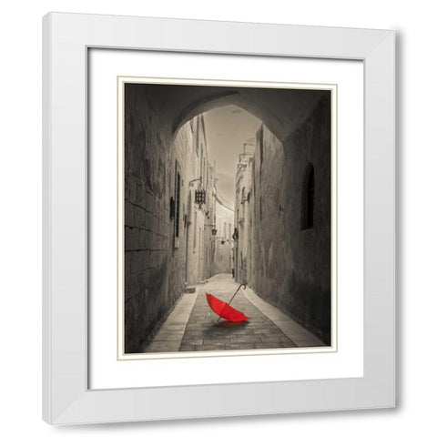 Red umbrella on narrow street of Mdina, Malta White Modern Wood Framed Art Print with Double Matting by Frank, Assaf