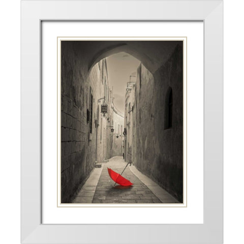 Red umbrella on narrow street of Mdina, Malta White Modern Wood Framed Art Print with Double Matting by Frank, Assaf