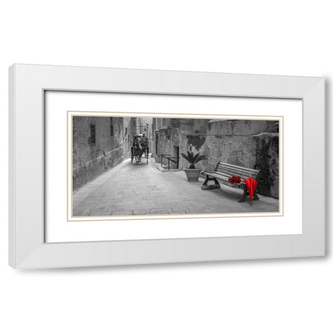 Umbrella with bunch of roses on bench, Mdina, Malta White Modern Wood Framed Art Print with Double Matting by Frank, Assaf