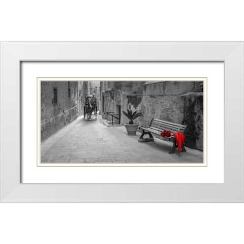 Umbrella with bunch of roses on bench, Mdina, Malta White Modern Wood Framed Art Print with Double Matting by Frank, Assaf
