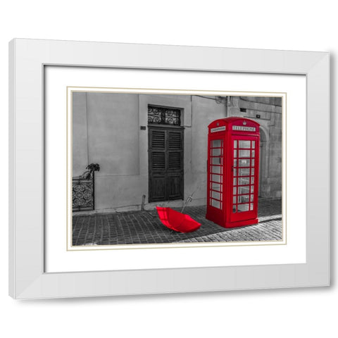 Red umbrella and Telephone box on street of Marsaxlokk, Malta White Modern Wood Framed Art Print with Double Matting by Frank, Assaf