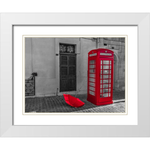 Red umbrella and Telephone box on street of Marsaxlokk, Malta White Modern Wood Framed Art Print with Double Matting by Frank, Assaf
