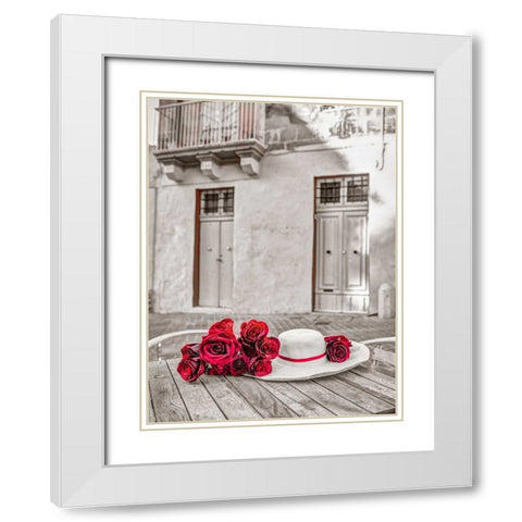 Female hat with bunch of roses on cafe table, Malta White Modern Wood Framed Art Print with Double Matting by Frank, Assaf