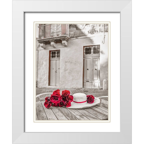 Female hat with bunch of roses on cafe table, Malta White Modern Wood Framed Art Print with Double Matting by Frank, Assaf