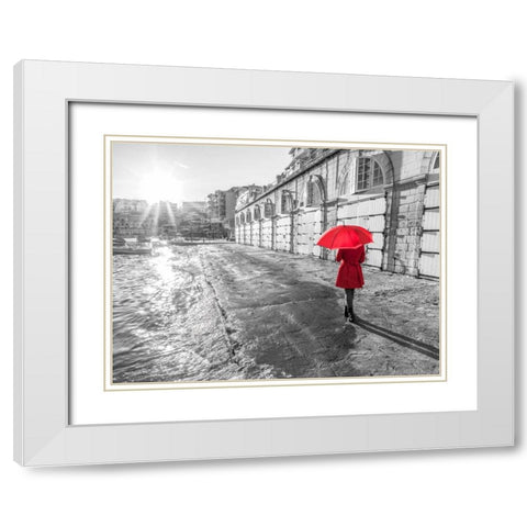 Tourist with red umbrella, Malta White Modern Wood Framed Art Print with Double Matting by Frank, Assaf