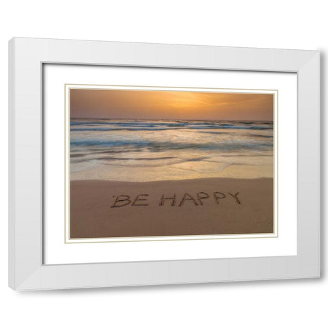 Sand writing - Word Be Happy written on beach White Modern Wood Framed Art Print with Double Matting by Frank, Assaf
