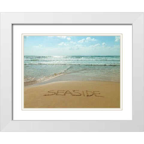 Word Seaside written in sand on the beach White Modern Wood Framed Art Print with Double Matting by Frank, Assaf