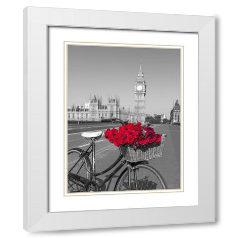 Bicycle with bunch of flowers on Westminster Bridge-London-UK White Modern Wood Framed Art Print with Double Matting by Frank, Assaf
