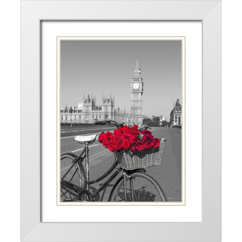 Bicycle with bunch of flowers on Westminster Bridge-London-UK White Modern Wood Framed Art Print with Double Matting by Frank, Assaf