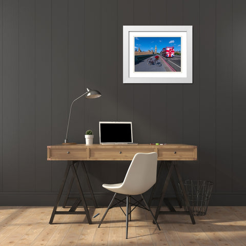 Bicycle with bunch of flowers on Westminster Bridge , London, UK White Modern Wood Framed Art Print with Double Matting by Frank, Assaf