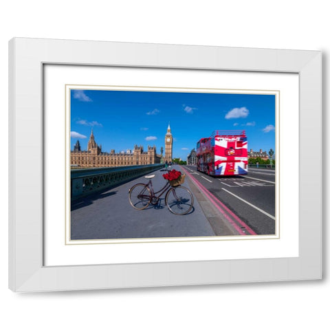 Bicycle with bunch of flowers on Westminster Bridge , London, UK White Modern Wood Framed Art Print with Double Matting by Frank, Assaf