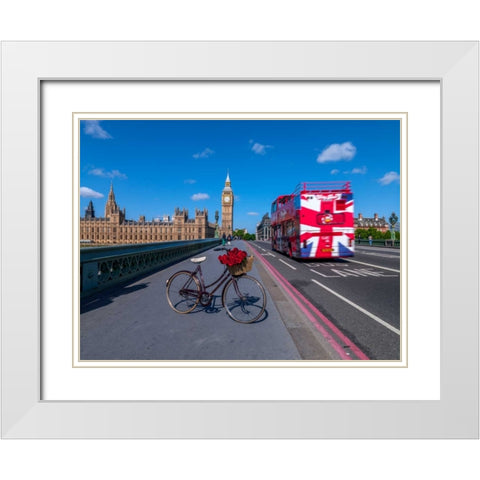 Bicycle with bunch of flowers on Westminster Bridge , London, UK White Modern Wood Framed Art Print with Double Matting by Frank, Assaf