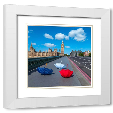 Colourful umbrellas on Westminster Bridge , London, UK White Modern Wood Framed Art Print with Double Matting by Frank, Assaf