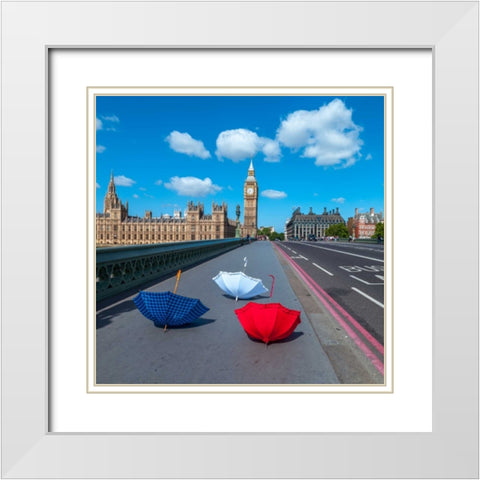 Colourful umbrellas on Westminster Bridge , London, UK White Modern Wood Framed Art Print with Double Matting by Frank, Assaf