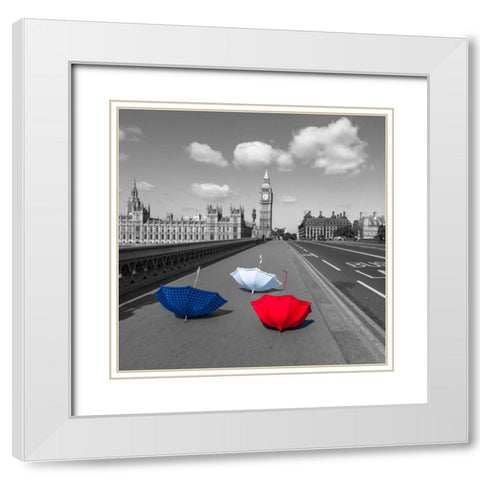 Colourful umbrellas on Westminster Bridge , London, UK White Modern Wood Framed Art Print with Double Matting by Frank, Assaf
