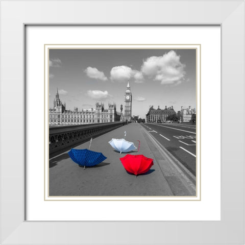 Colourful umbrellas on Westminster Bridge , London, UK White Modern Wood Framed Art Print with Double Matting by Frank, Assaf