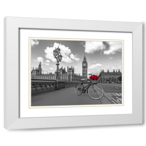 Bicycle with bunch of flowers on Westminster Bridge, London, UK White Modern Wood Framed Art Print with Double Matting by Frank, Assaf