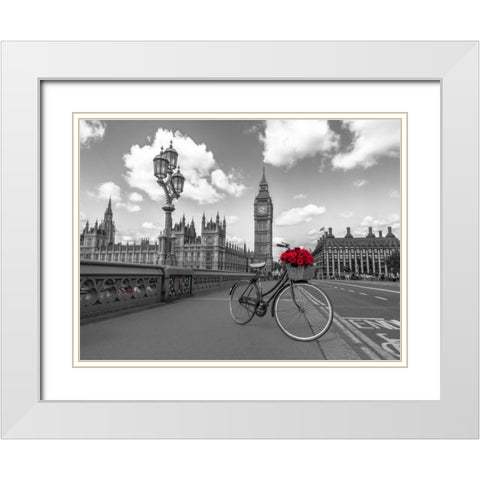 Bicycle with bunch of flowers on Westminster Bridge, London, UK White Modern Wood Framed Art Print with Double Matting by Frank, Assaf