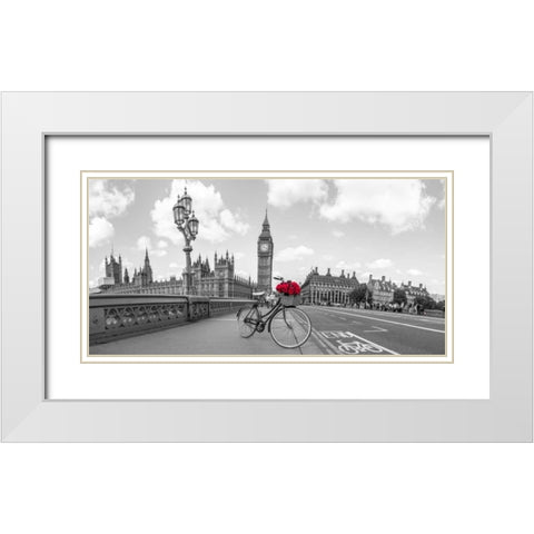 Bicycle with bunch of flowers on Westminster Bridge, London, UK White Modern Wood Framed Art Print with Double Matting by Frank, Assaf